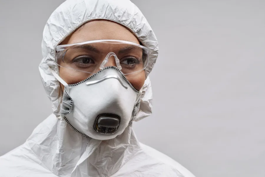 Katy - A woman in a protective suit and mask with goggles, showcasing safety equipment during a pandemic