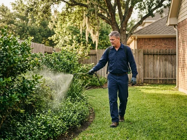 League City - Licensed pest control technician inspecting the exterior foundation of a Houston home, identifying ant tra