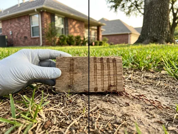 Missouri City - Pest technician installing Sentricon bait stations around the foundation of a First Colony Sugar Land ho
