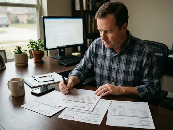 Pearland - Houston homeowner comparing pest control quotes at a desk